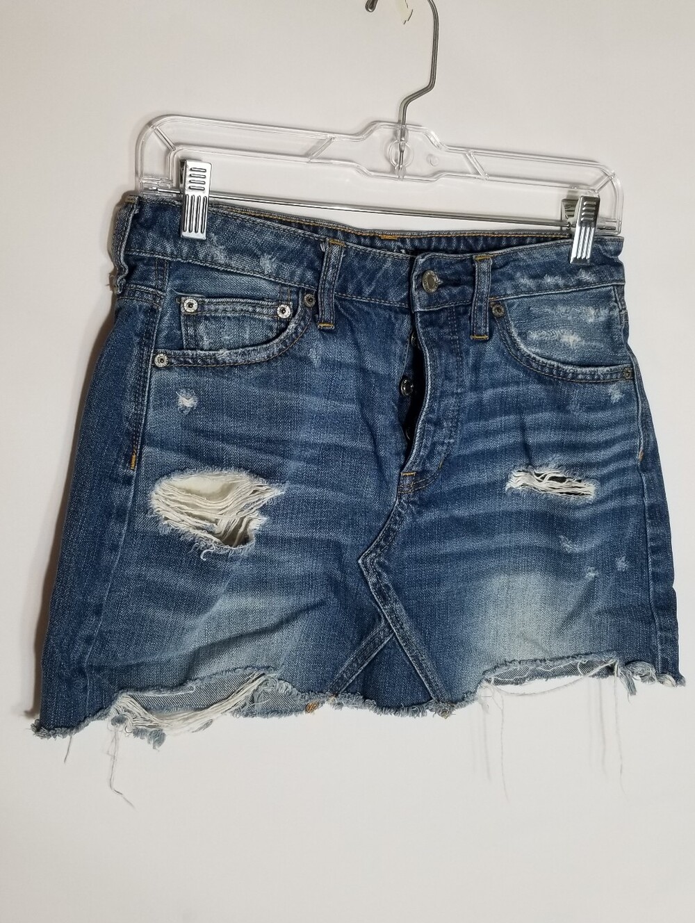 American Eagle Denim Mini Skirt Women's Size 4 Distressed Blue Button Fly Cotton
